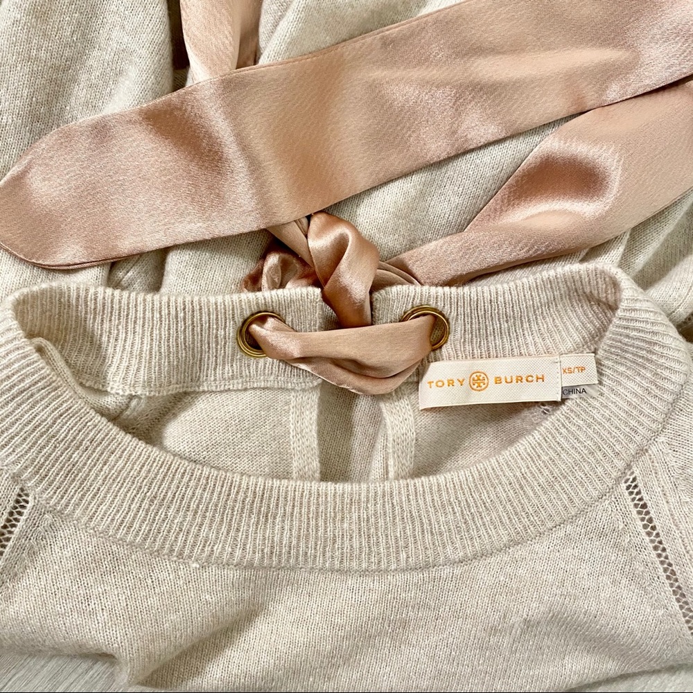 NWOT Tory Burch beige wool sweater w/ silk tie XS